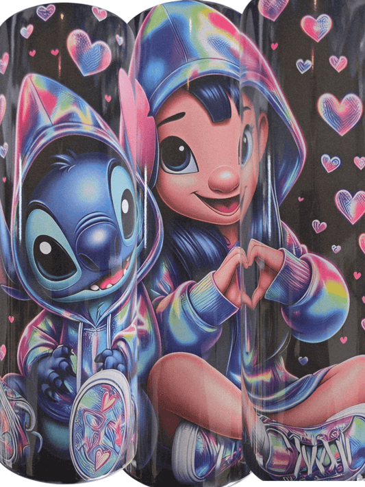 Vibrant Stitch character design on 20oz tumbler cups, featuring colorful artwork of Stitch and his friend.