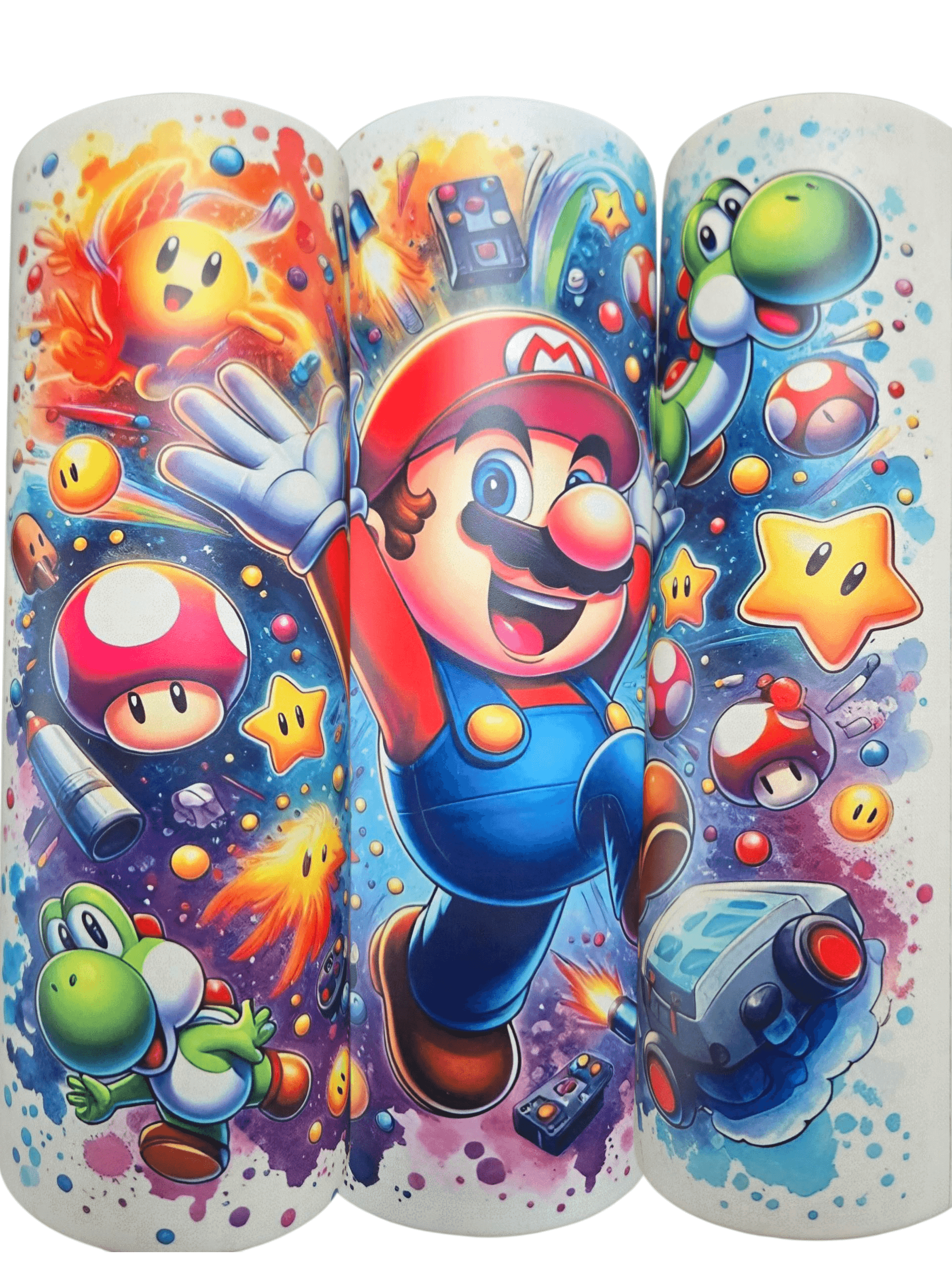 Vibrant Mario Brothers design on 20oz tumbler cups featuring Mario, Yoshi, and iconic game elements.