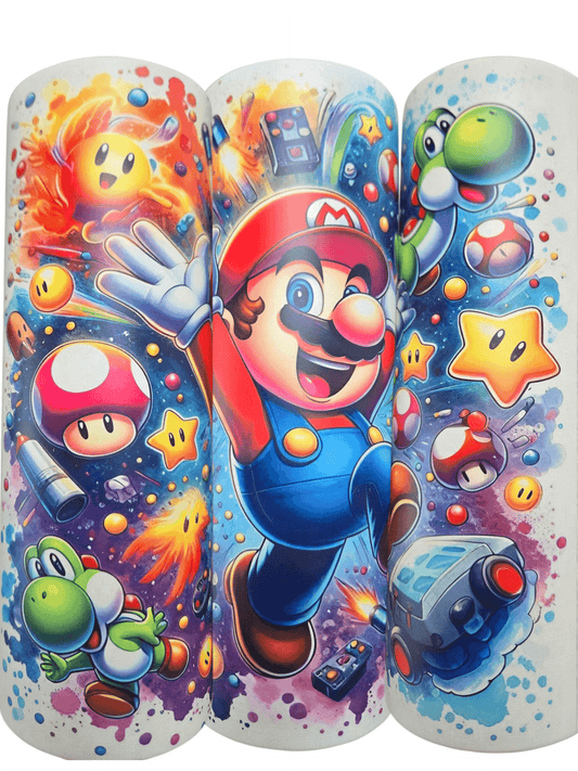 Vibrant Mario Brothers design on 20oz tumbler cups featuring Mario, Yoshi, and iconic game elements.