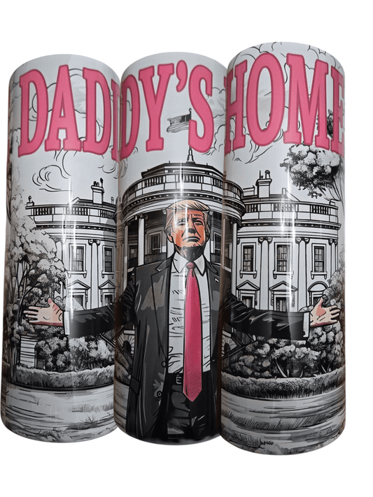 Daddy's Home Trump tumbler cups featuring a design of Trump and the White House, perfect for themed drinkware.
