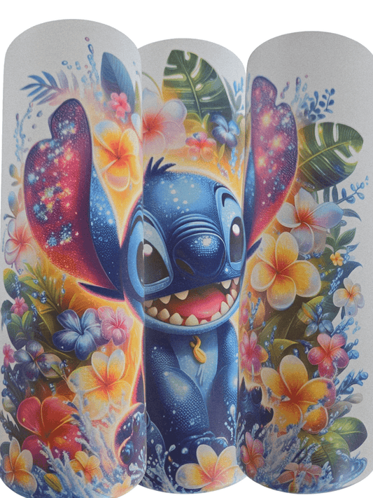 Vibrant Lilo and Stitch tumbler featuring Stitch surrounded by tropical flowers and leaves.