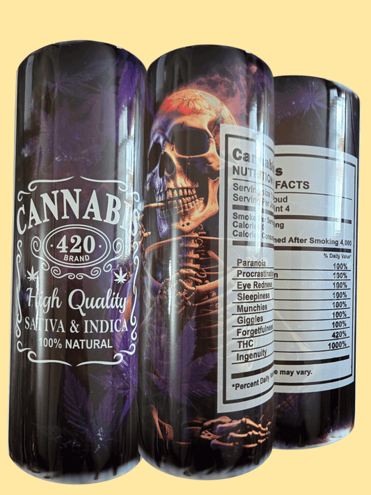Unique cannabis tumbler cup featuring a skull smoking weed design with vibrant colors and nutritional facts.