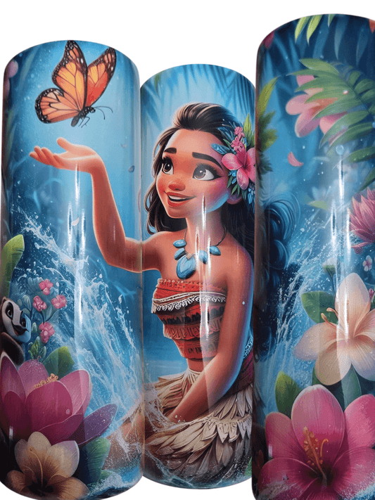Vibrant Moana tumbler cups featuring enchanting designs with flowers and butterflies, perfect for fans.