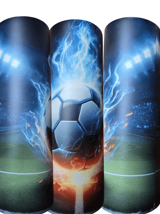 Soccer tumbler cups featuring a vibrant design of a soccer ball surrounded by flames and stadium lights.