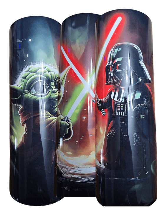 Star Wars Baby Yoda and Darth Vader 20oz tumbler cups showcasing epic duel with vibrant design, perfect for hot or cold drinks.