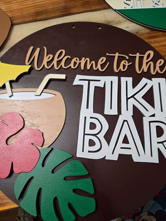 welcome  to the tiki bar, wooden decor sign