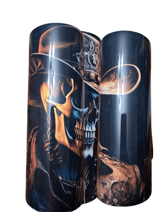 Skull cowboy design on durable 20oz tumbler cups, perfect for hot or cold beverages on the go.