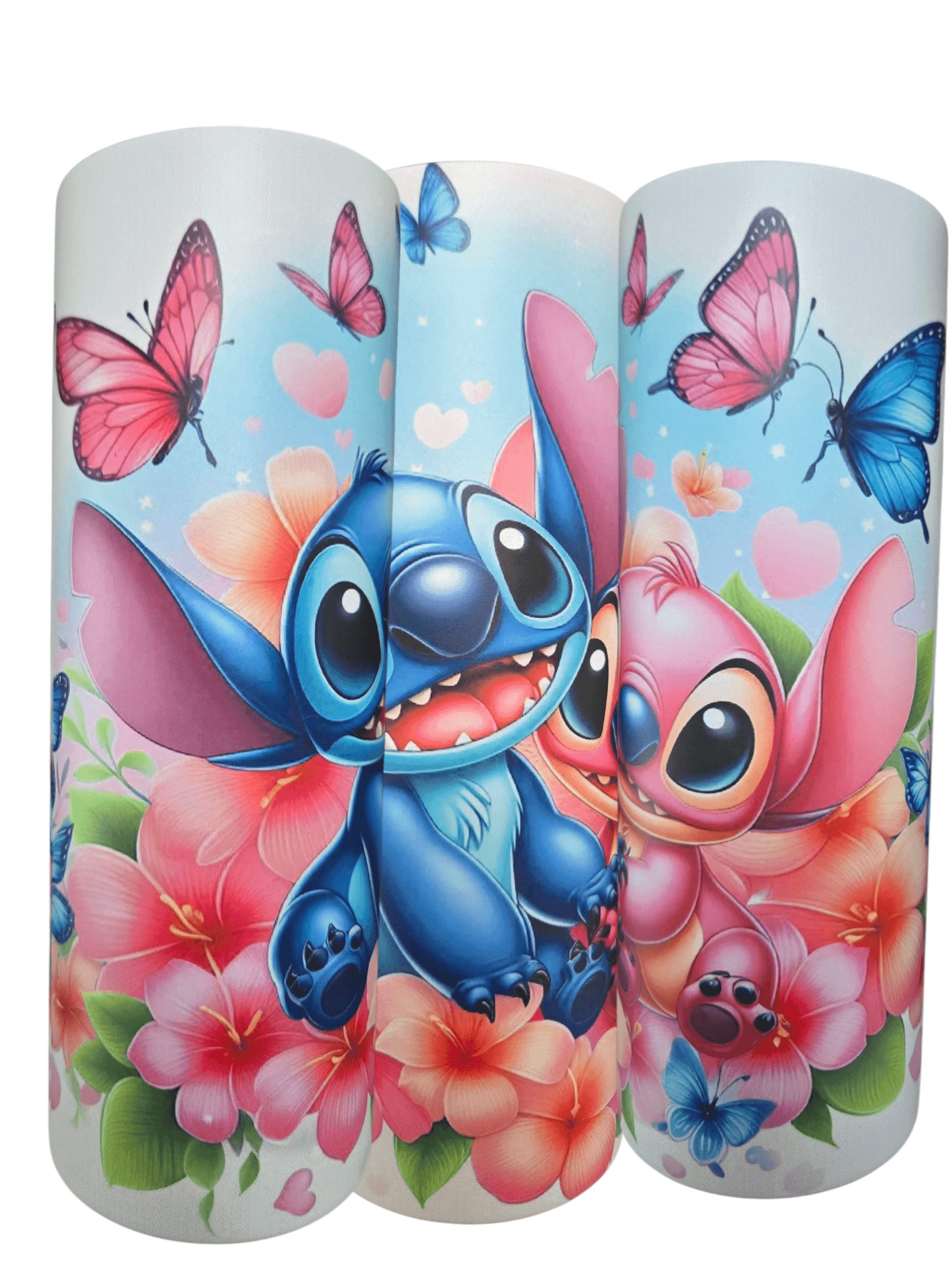 Colorful Stitch and Angle 20oz tumbler cups featuring floral designs and butterflies.