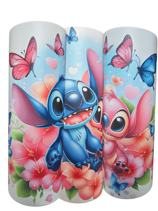 Colorful Stitch and Angle 20oz tumbler cups featuring floral designs and butterflies.
