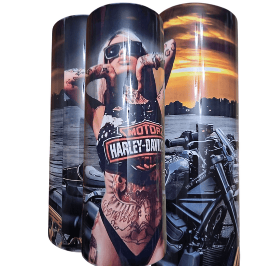 Harley Davidson biker tumbler cups featuring a tattooed woman with sunglasses and a scenic background.