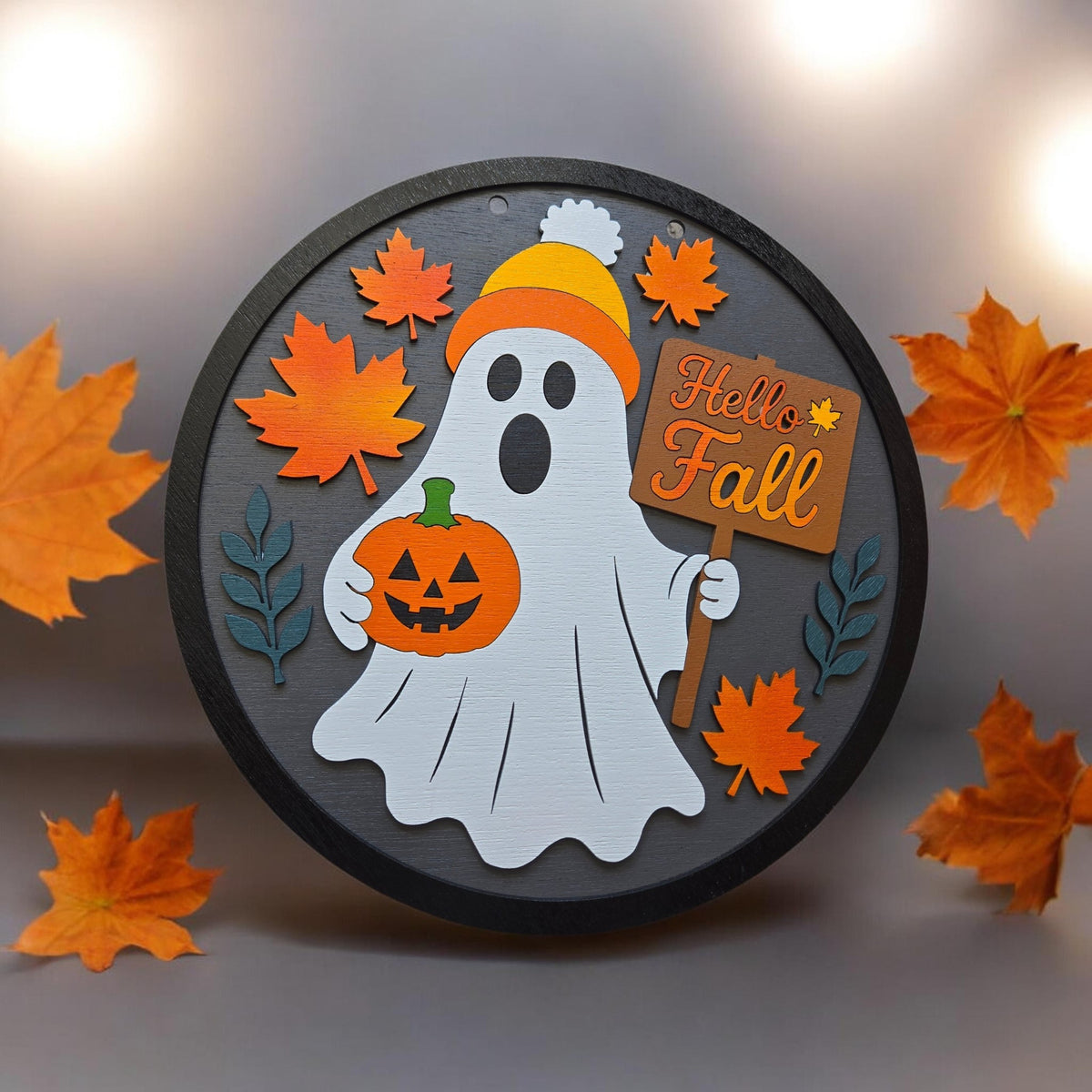 Hello fall ghost  wooden decor  sign.