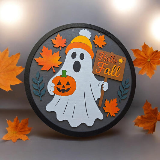 Hello fall ghost  wooden decor  sign.