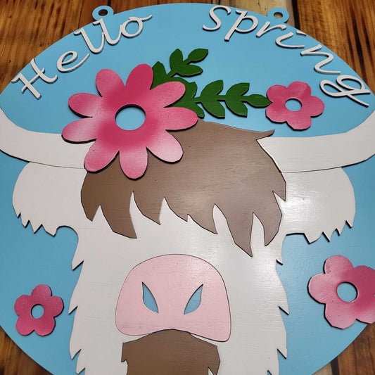 Hello Spring cow sign, Home decoration, decor, wooden,  gift ideas.